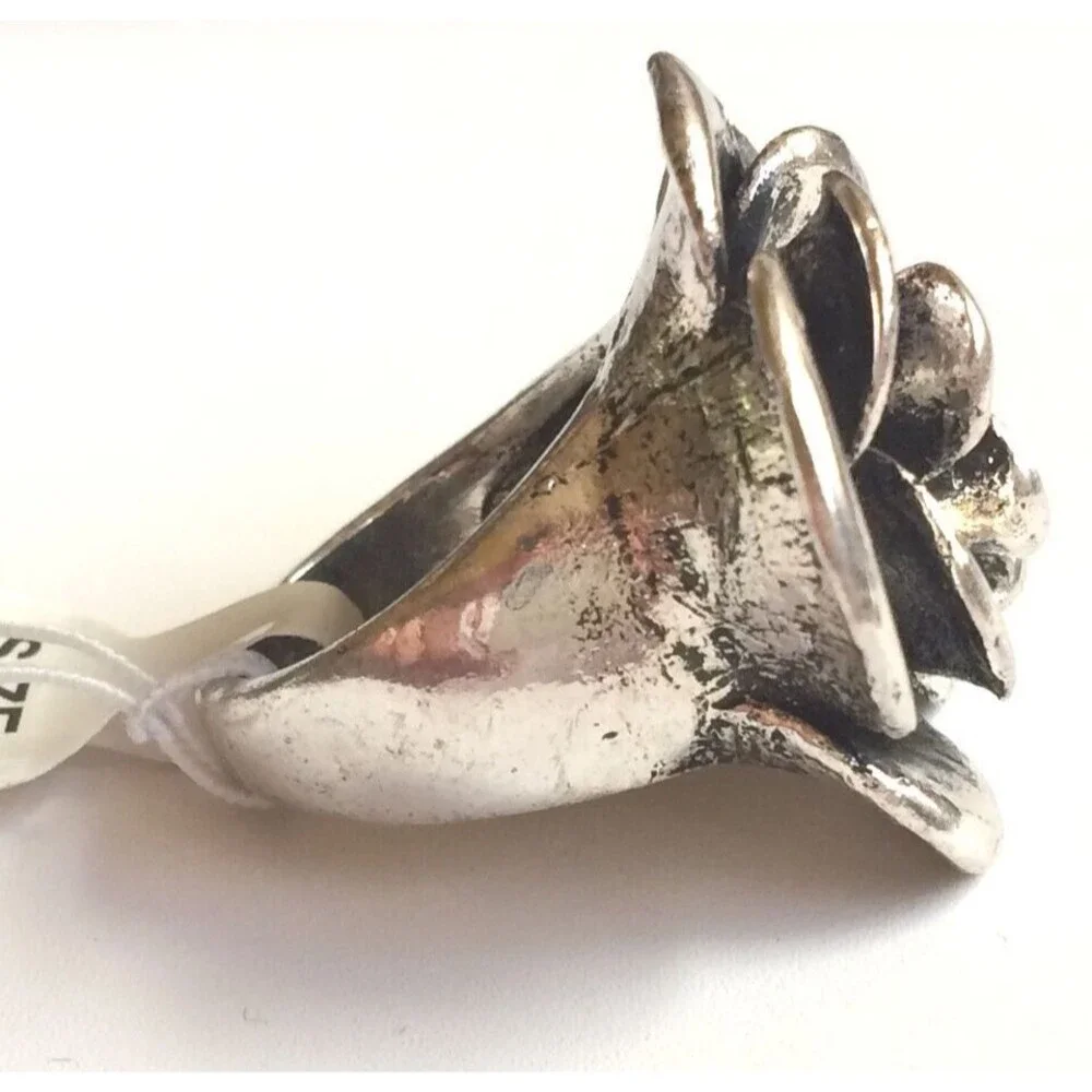 Vtg Silver Tone Rose Flower Bloom Cocktail Ring Size 6 7 8 9 Chunky Statement